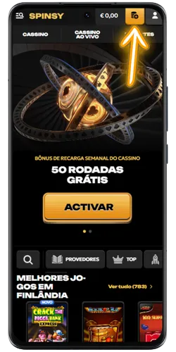 Jogador a clicar no botão Depósito no lobby do casino Spinsy