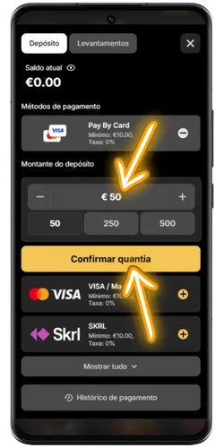 Campo de valor do depósito e opção de ativar o bónus de 100% até €500 no Spinsy