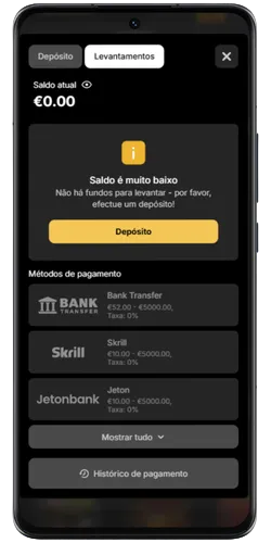 Ecrã de levantamentos com saldo atual e aviso de saldo insuficiente no Spinsy online casino