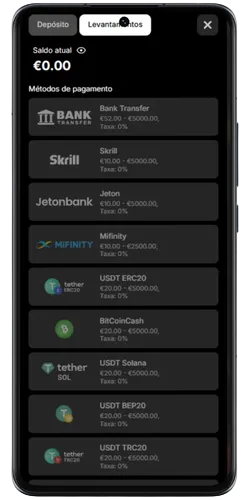 Lista de métodos de levantamento com Bank Transfer, Skrill, Jeton, MiFinity e cripto no Spinsy