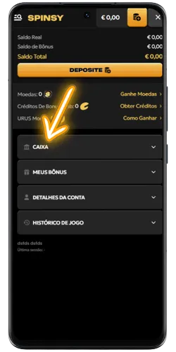 Secção Caixa aberta com as opções Depósito, Saque e Histórico de Pagamento no Spinsy